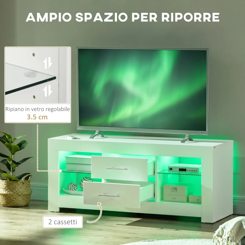 HOMCOM Mobile Porta TV da 55" con Luci LED a 12 Colori e Telecomando, Legno e Vetro 120x40x50cm, Bianco
