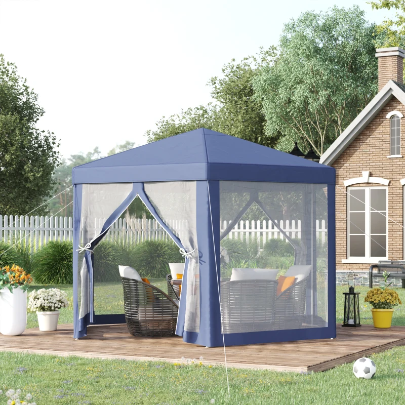 Outsunny Tonnelle barnum tente de réception hexagonale 10 m² style cosy métal polyester bleu blanc