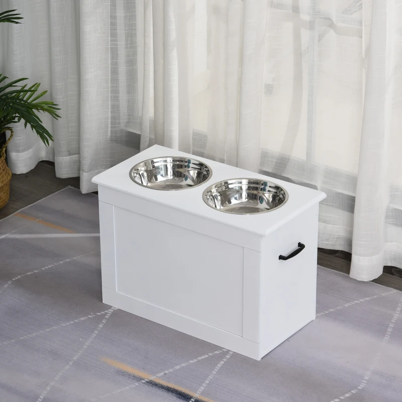 PawHut Cuencos para Perros con 2 Tazones de Acero Inoxidable y Espacio de Almacenaje Oculto 60x30x41 cm Blanco