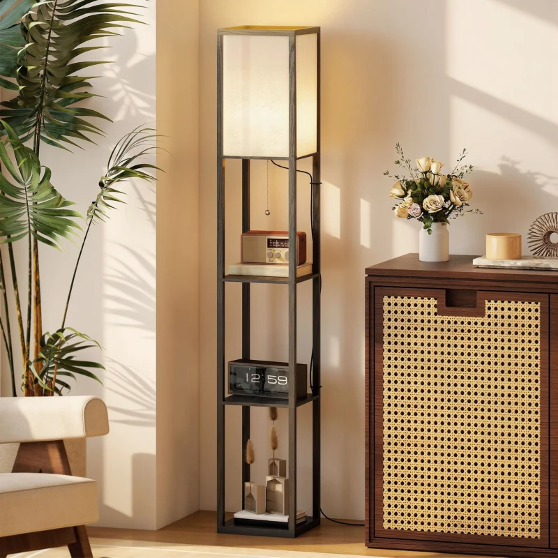 HOMCOM Lampada da Terra Piantana 40W con 3 Scaffale, Attacco E27, Lampada da Pavimento Moderno con Paralume in Plastica, Soggiorno, Salotto, Camera da Letto, Studio, Ufficio, 26x26x160cm, Nero