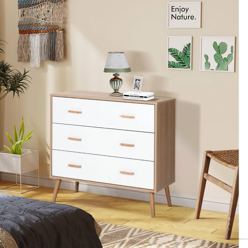 HOMCOM Kommode mit 3 Schubladen Sideboard Schubladenkommode Schrank Mehrzweckschrank Wohnzimmer Esszimmer Skandi-Design Weiß+Natur 80 x 39 x 80 cm