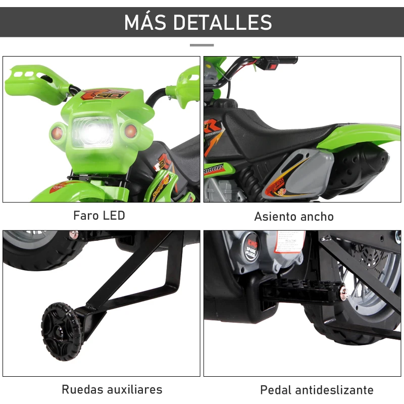 HOMCOM Moto Eléctrica para Niños con Ruedas de Apoyo Desmontables Faros y Música para Niños 3-6 Años Verde