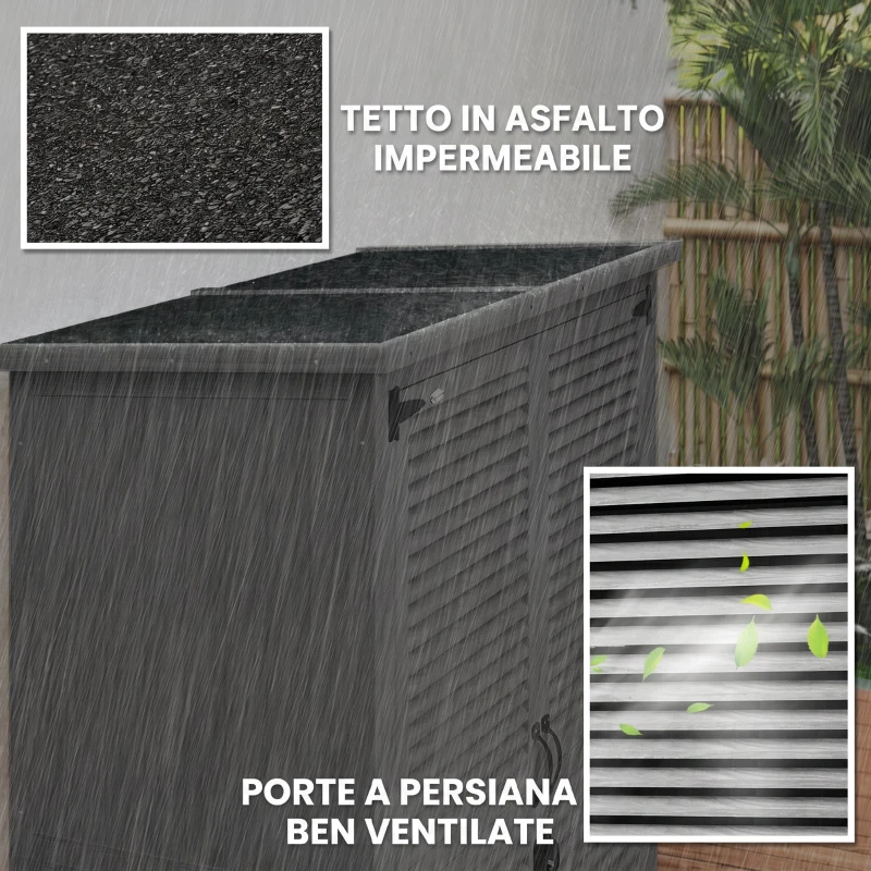 Outsunny Armadio da Giardino con 2 Porte a Persiana, 2 Ripiani, 2 Maniglie e Tetto Impermeabile, 127x65x168 cm, Grigio