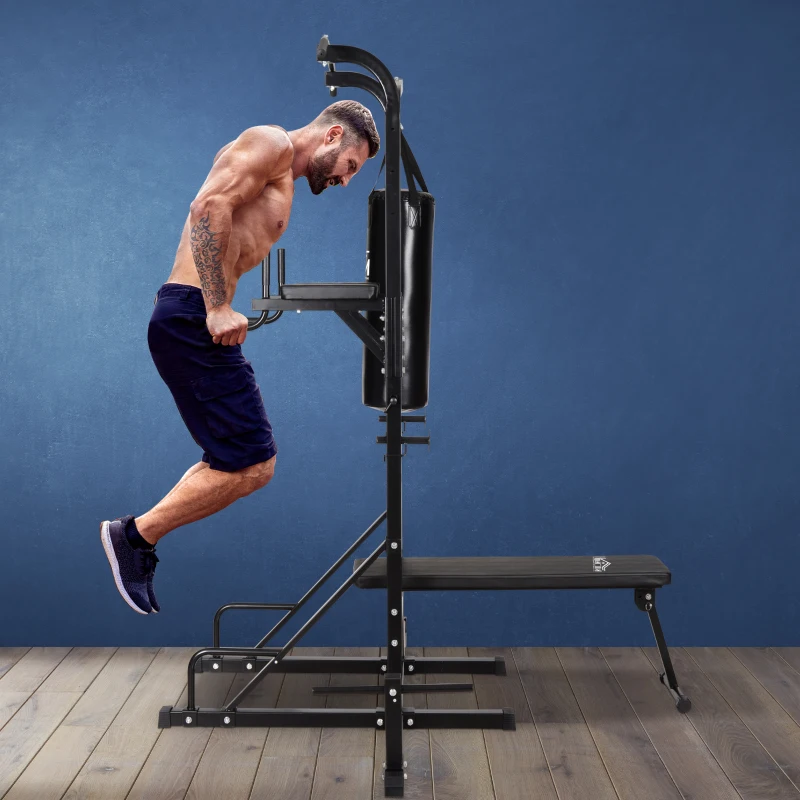 HOMCOM Station de musculation Fitness entrainement complet - barre de traction, à dips, banc de musculation pliable, poignées push-up, sac de frappe - acier noir