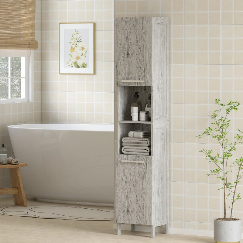 kleankin Badschrank, Badezimmerregal, hoch und schmal, 2 Schrankfächer, 2 offene Regalfächer, grau, 30 x 32 x 172,5cm