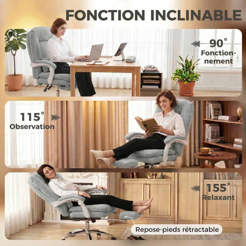 HOMCOM Chaise bureau ergonomique, fauteuil de bureau inclinable en velours avec support lombaire, hauteur réglable, gris clair