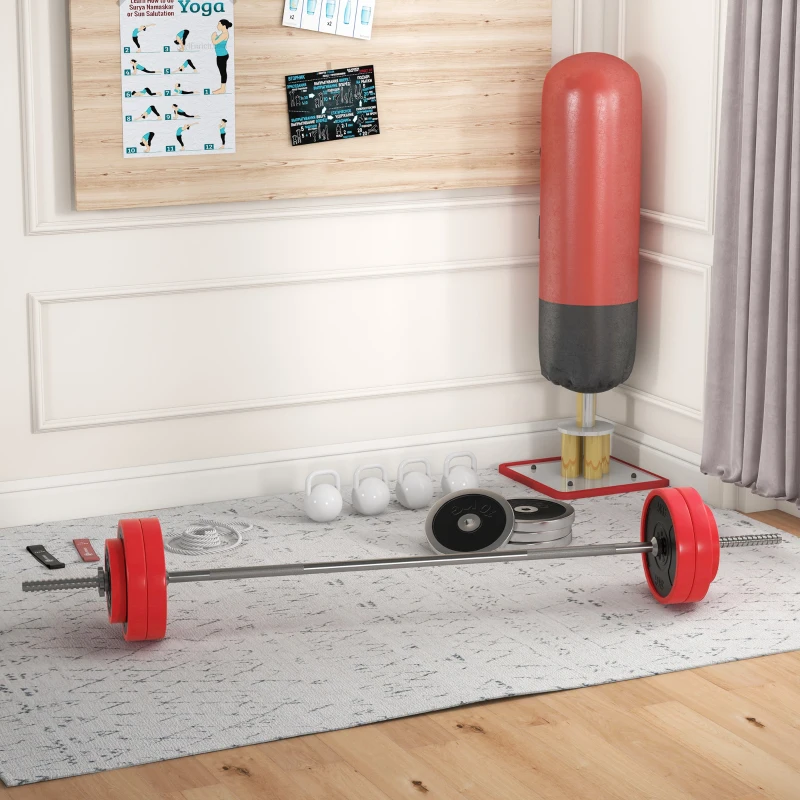 SPORTNOW Set Bilanciere e Dischi da 30 kg totali con 6 Pesi e 2 Dadi, in Metallo, PU e Sabbia, 170x26x26 cm, Rosso