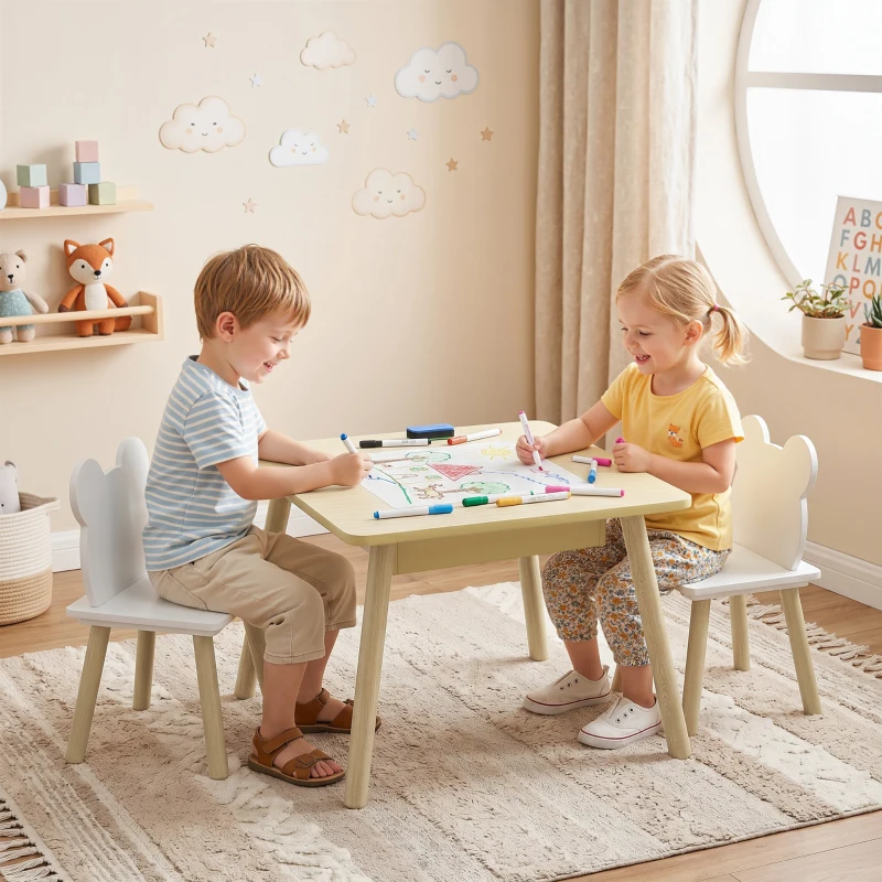 AIYAPLAY Kindertisch mit 2 Stühlen, Kindersitzgruppe mit Stauraum bärförmiger Rückenlehne für 3-6 Jahre Kinder, Naturholz