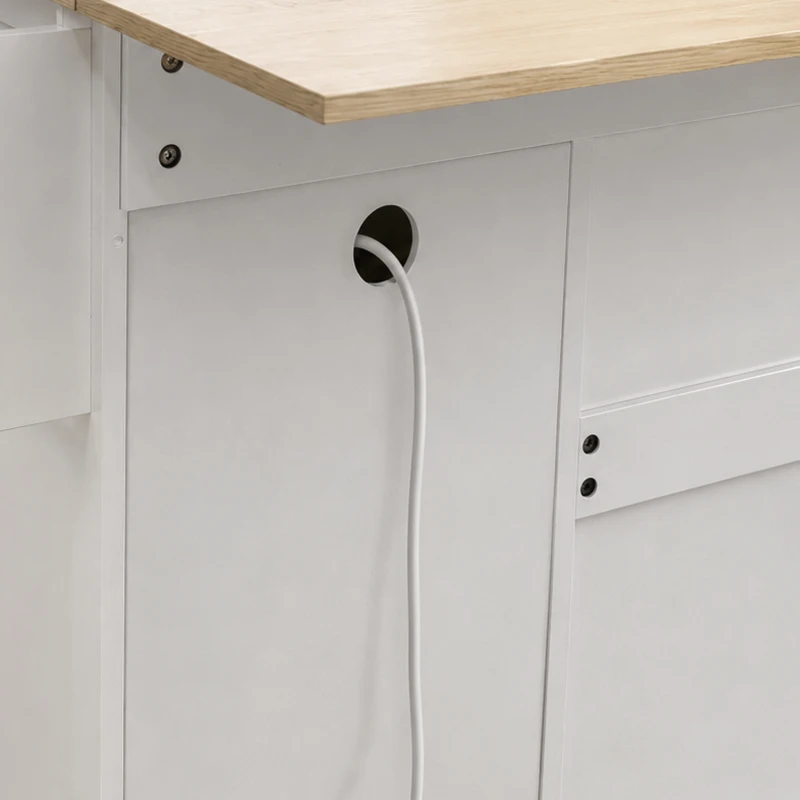 HOMCOM Îlot Central Cuisine avec Plateau Rabattable 2 Prises et 2 Ports USB Desserte de Cuisine sur Roulettes 3 Tiroirs Blanc