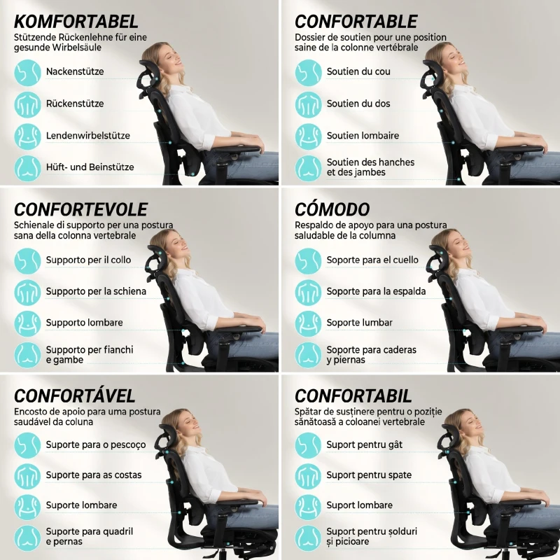 HOMCOM Scaun de Birou Ergonomic din Plasă cu Cotiere, Tetieră, Spătar Reglabil, Funcție Legănare, Negru