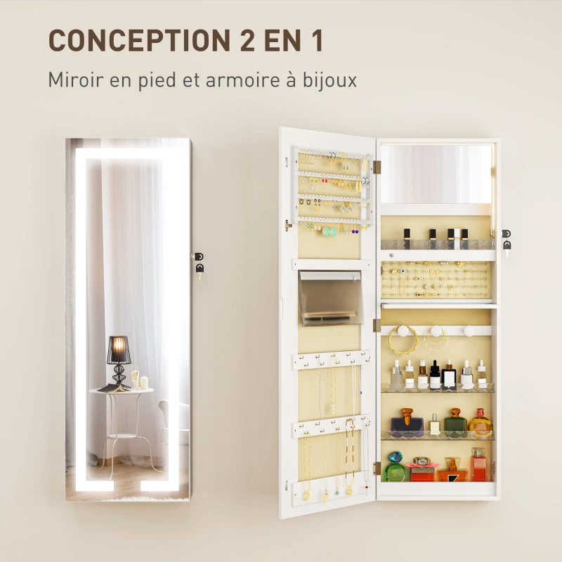 HOMCOM Armoire à bijoux avec LED, organisateur de bijoux mural/de porte verrouillable avec miroir, 37 x 10,5 x 108 cm, blanc