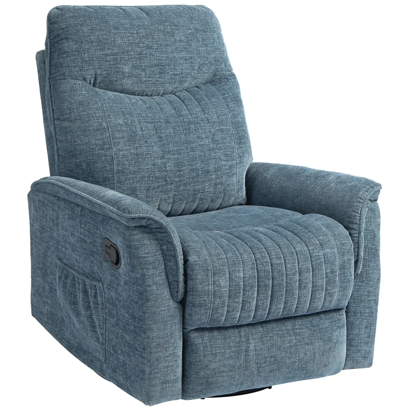 HOMCOM Fauteuil inclinable manuel pivotant avec repose-pieds rétractable, dossier réglable, bleu