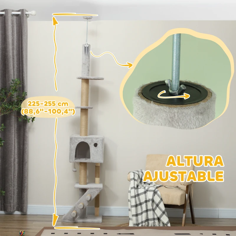 PawHut Árbol para Gatos de Suelo a Techo de 225-255 cm con Altura Ajustable Múltiples Plataformas Escalera Bola Colgante Gris