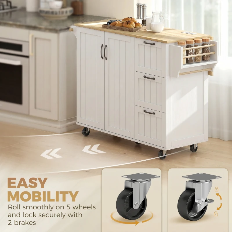 HOMCOM Îlot Central Cuisine avec Plateau Rabattable 2 Prises et 2 Ports USB Desserte de Cuisine sur Roulettes 3 Tiroirs Blanc