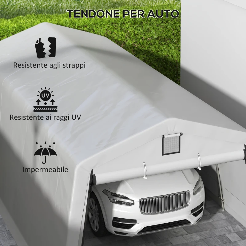 Outsunny Tendone per Auto e Feste con 2 Finestre Laterali, in Acciaio Zincato e PE, 618x265/330x240 cm, Grigio Chiaro
