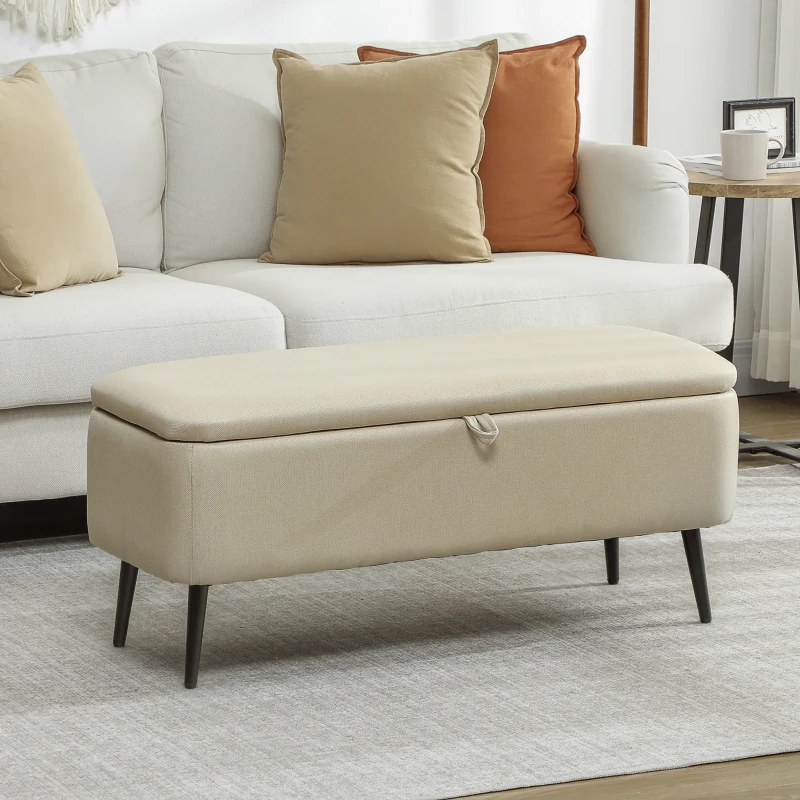HOMCOM Banc banquette coffre de rangement 2 en 1 en tissu avec pieds en acier noir 102 x 40 x 39,5 cm beige