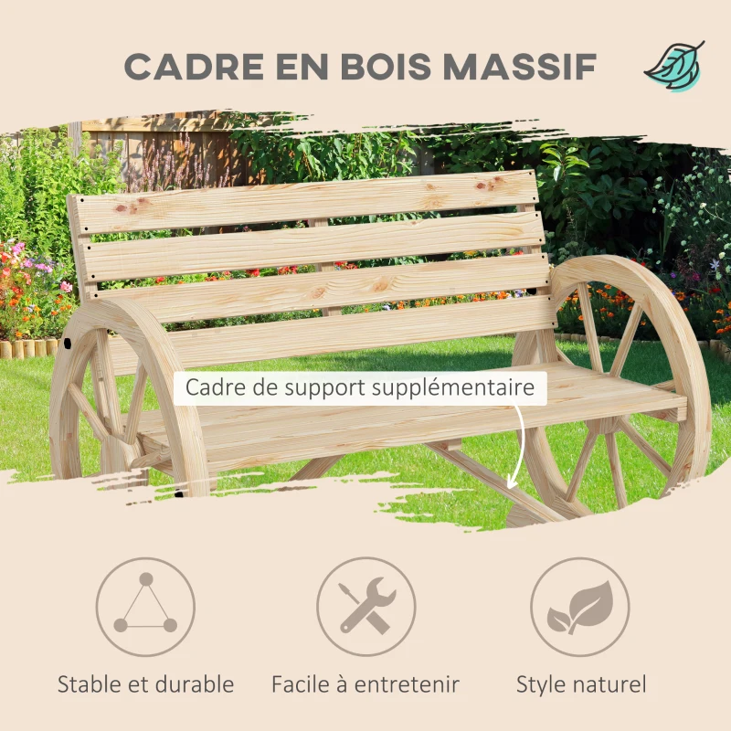 Outsunny Banc de Jardin banc 3 places en bois Style Rustique Chic accoudoirs Roues Charette Bois Sapin effet bois naturel
