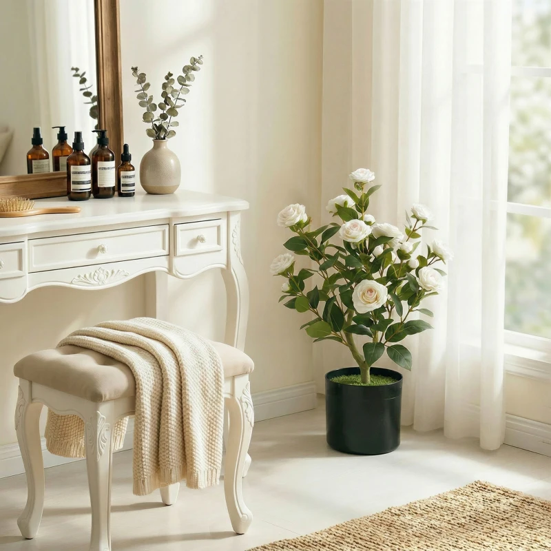 HOMCOM Planta Artificial de Camelia 65cm Árbol Artificial en Maceta con Flores de Seda Realistas 116 Hojas Efecto Musgo Blanco