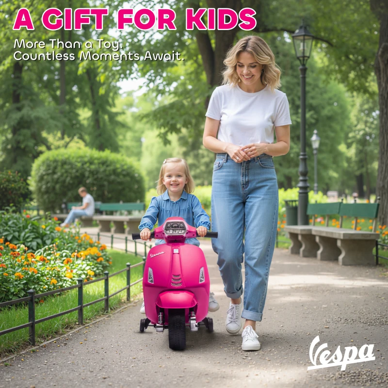 AIYAPLAY Moto Elettrica per Bambini Licenza Vespa, Batteria Ricaricabile 6V, Rotelle e Luci, Età 2-4 Anni, Rosa