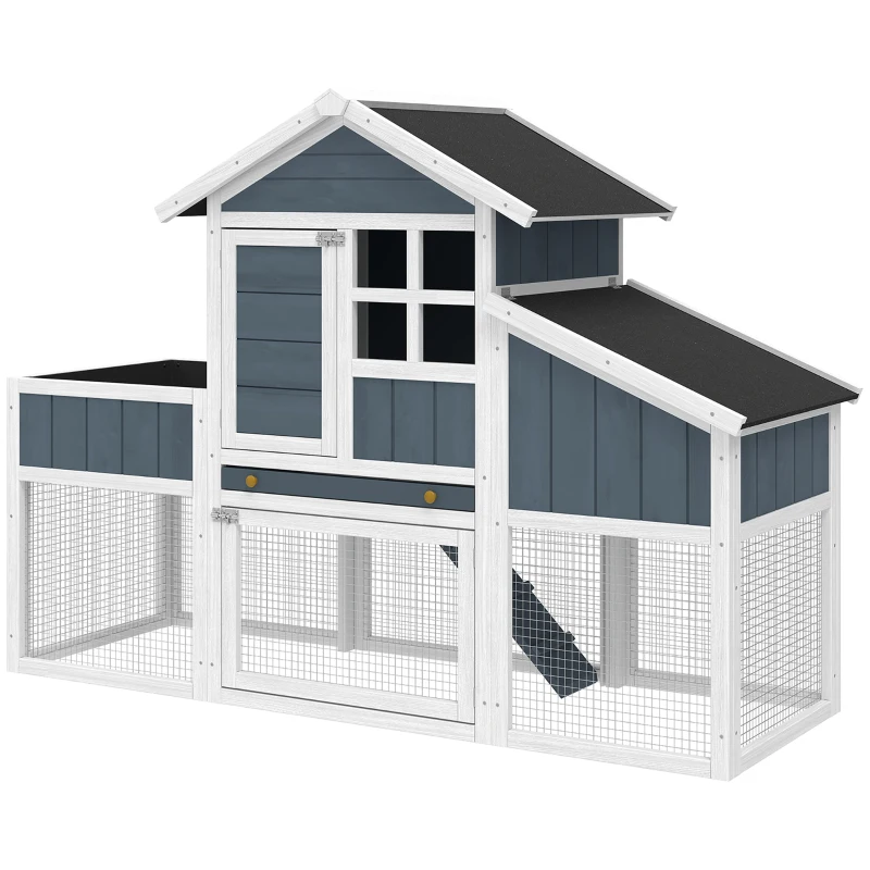 PawHut Pollaio Prefabbricato in Legno con Area Aperta, Casetta e Nido, 161.5x62.5x115cm, Grigio