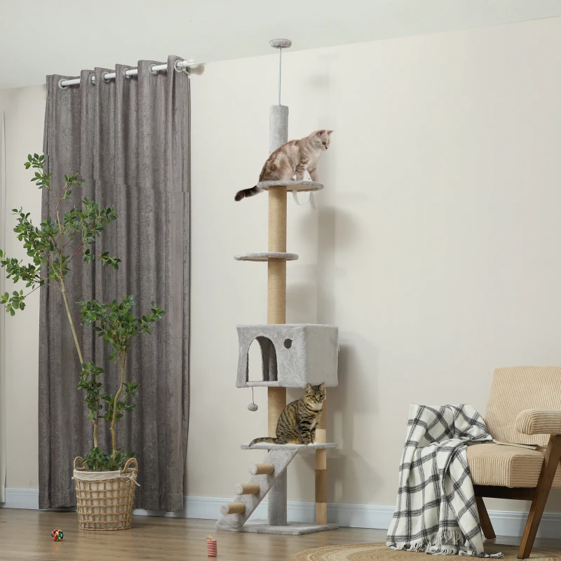 PawHut Árbol para Gatos de Suelo a Techo de 225-255 cm con Altura Ajustable Múltiples Plataformas Escalera Bola Colgante Gris