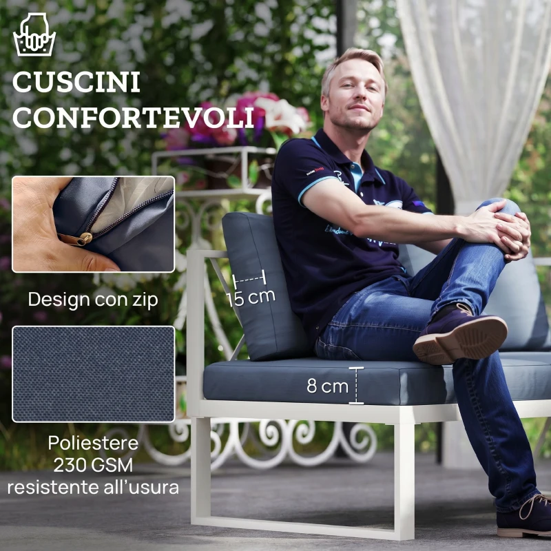 Outsunny Salotto da Giardino Angolare con Poltrona Reclinabile, 2 Divanetti con Cuscini e Tavolino, Grigio