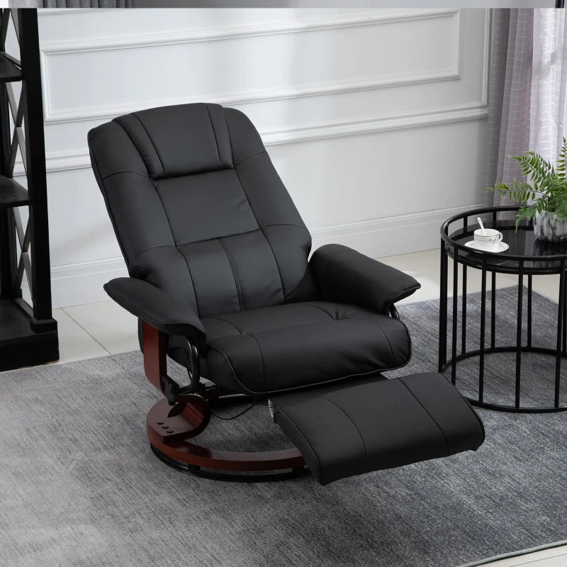 HOMCOM Fauteuil Relax Inclinable, Fauteuil de Salon, Repose-Pieds Réglable, Pivotant 360°, Piètement Bois, Revêtement Synthétique, Noir(m-10)