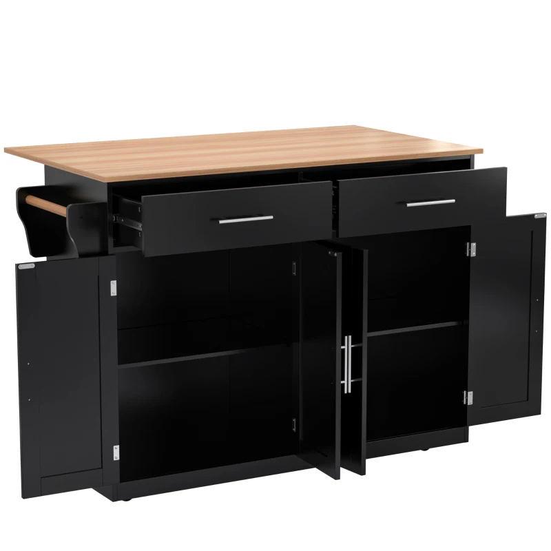 Carrinho de serviço com tampo de mesa dobrável, 2 gavetas e portas duplas, 136x46/71x91,5 cm, Preto+Cor natural