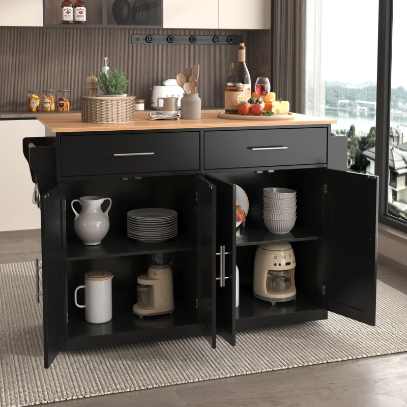 Carrinho de serviço com tampo de mesa dobrável, 2 gavetas e portas duplas, 136x46/71x91,5 cm, Preto+Cor natural