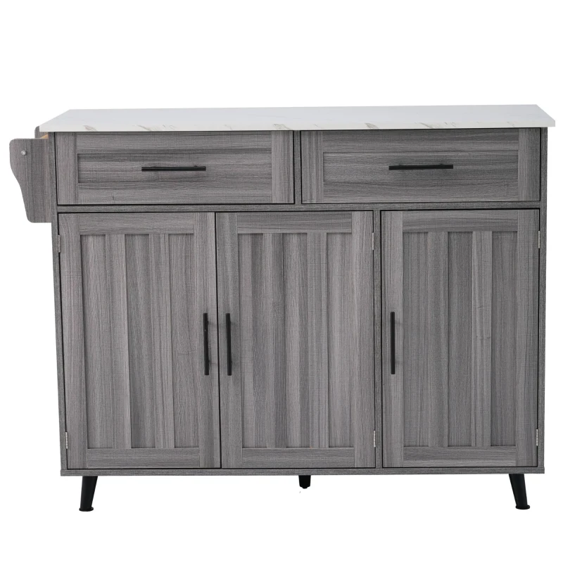 Grande ilha de cozinha com tampo extensível dobrável, 5 rodízios (2 com travão) , 129x46/71x91,5 cm, Cinzento