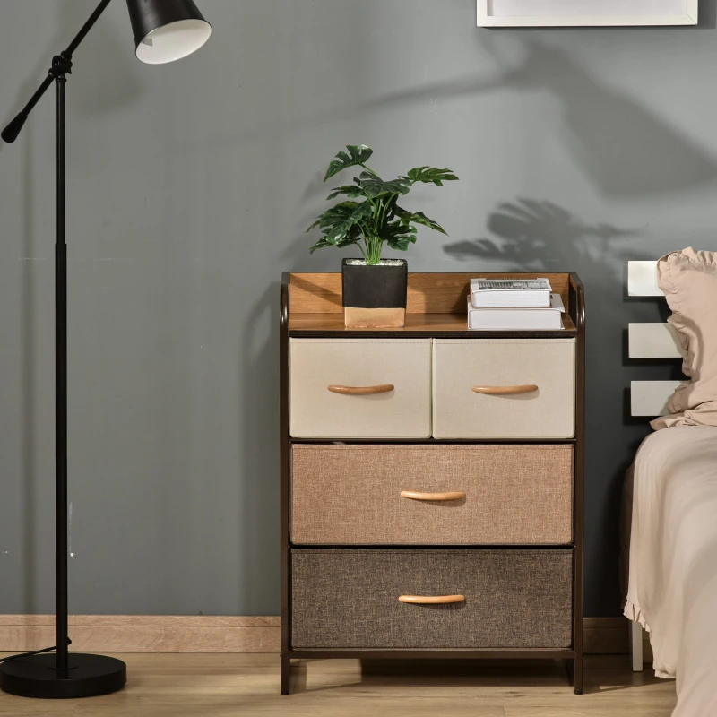 HOMCOM Cómoda para Dormitorio con 4 Cajones Plegables Parte Superior de Madera y Marco Metálico 58x29x78,5 cm Multicolor