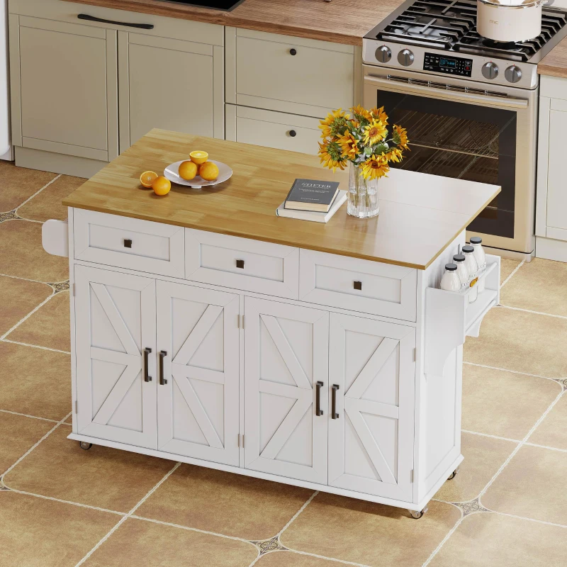 Ilha de cozinha com tampo rebatível, 4 portas, 3 gavetas, suportes duplos para toalhas, design estilo celeiro, 140x43/70x90,5 cm, Branco+Cor natural