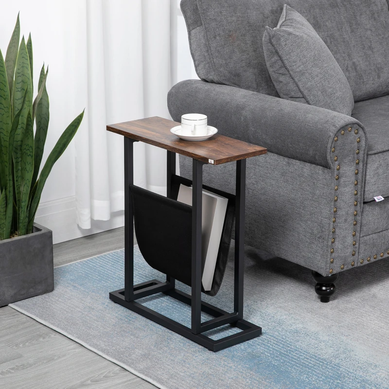 HOMCOM Beistelltisch, Nachttisch, schmales Design, mit Stofftasche, Stahl, dunkelbraun+schwarz, 49 x 19 x 55cm