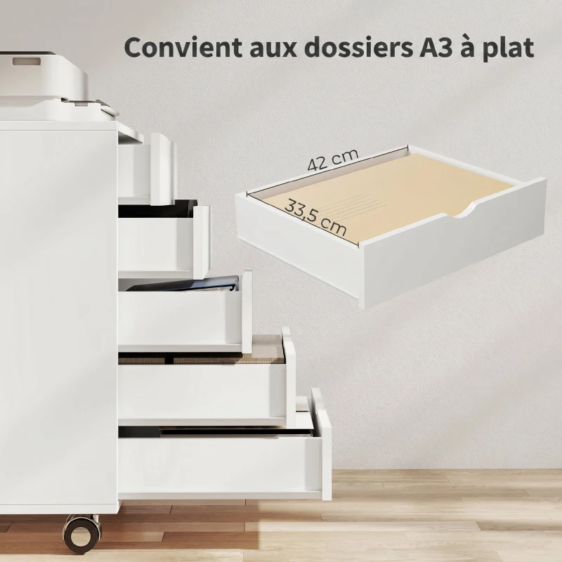 HOMCOM Caisson bureau mobile avec 5 tiroirs, meuble rangement bureau à roulettes pour documents A3/Lettre/A4, blanc