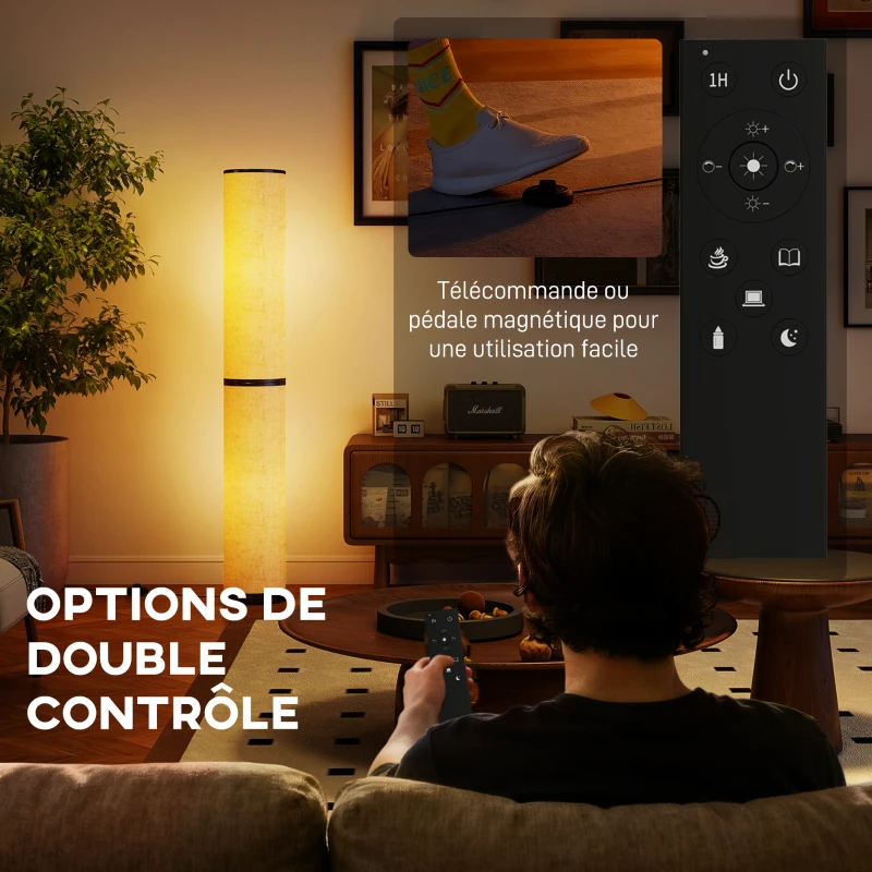 HOMCOM Lampadaire LED, lampadaire sur pied salon à intensité variable, télécommande magnétique, Ø 20 x 135 cm, beige