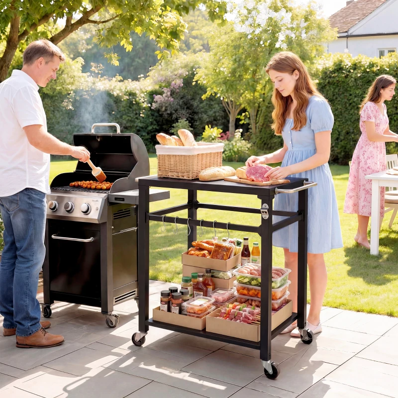Outsunny Desserte jardin chariot de barbecue sur roulettes avec crochets, poignées, roulettes verrouillables, 90,5x55x88 cm, noir