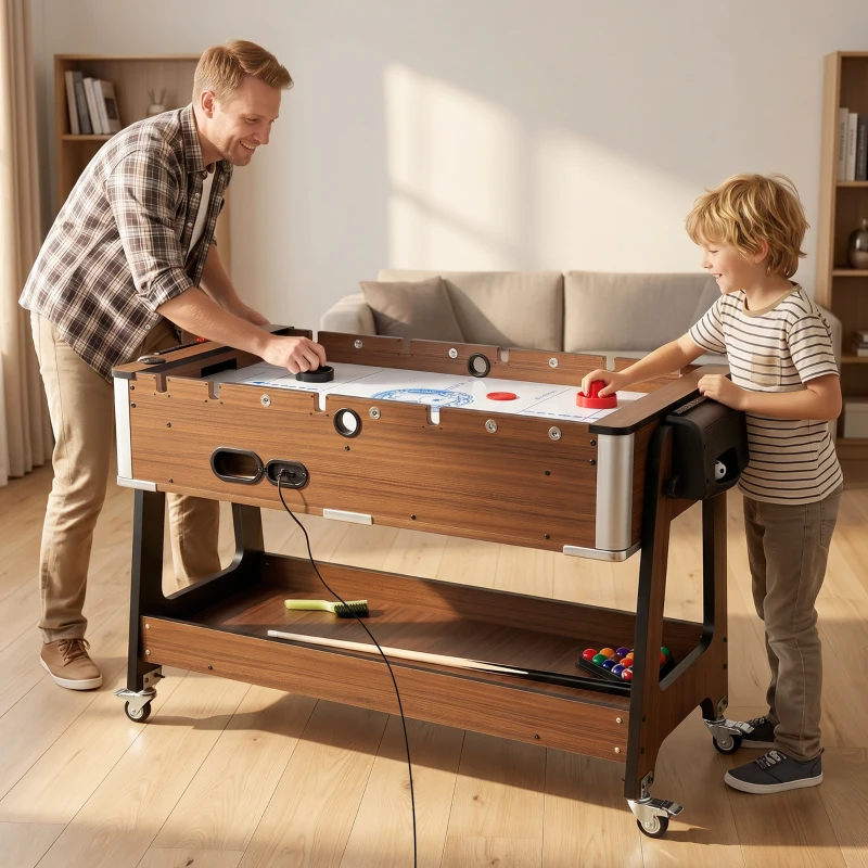 SPORTNOW Table multijeux 3 en 1 avec roulettes et frein, étagère de rangement, baby-foot pour enfants, billard et air hockey, noyer