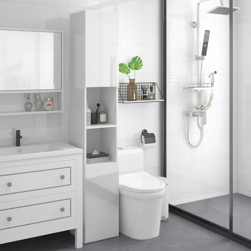 kleankin Armario de Baño Alto y Estrecho con Puertas y Estantes Ajustables 30x30x81,5 cm Blanco Brillo