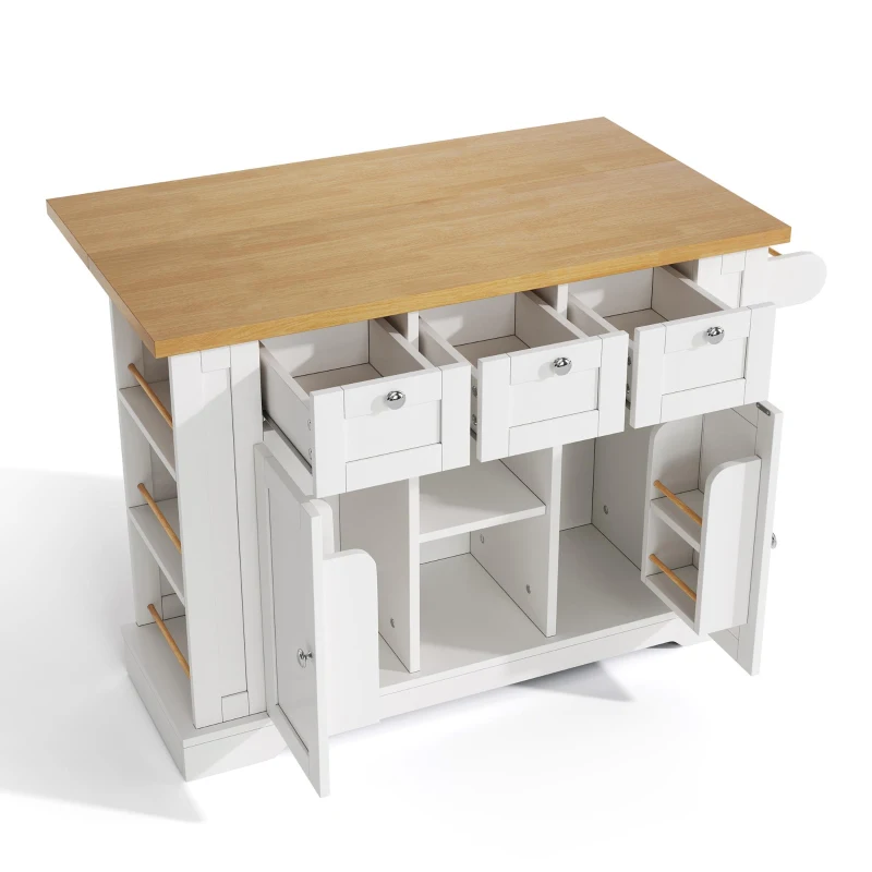 Ilha de cozinha móvel com tampo dobrável, três gavetas e dois compartimentos de armário, 132x40/70x87 cm, Branco