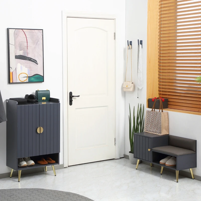 HOMCOM Banc à chaussures avec placard et niche surface en revêtement synthétique 80 x 33 x 49 cm gris