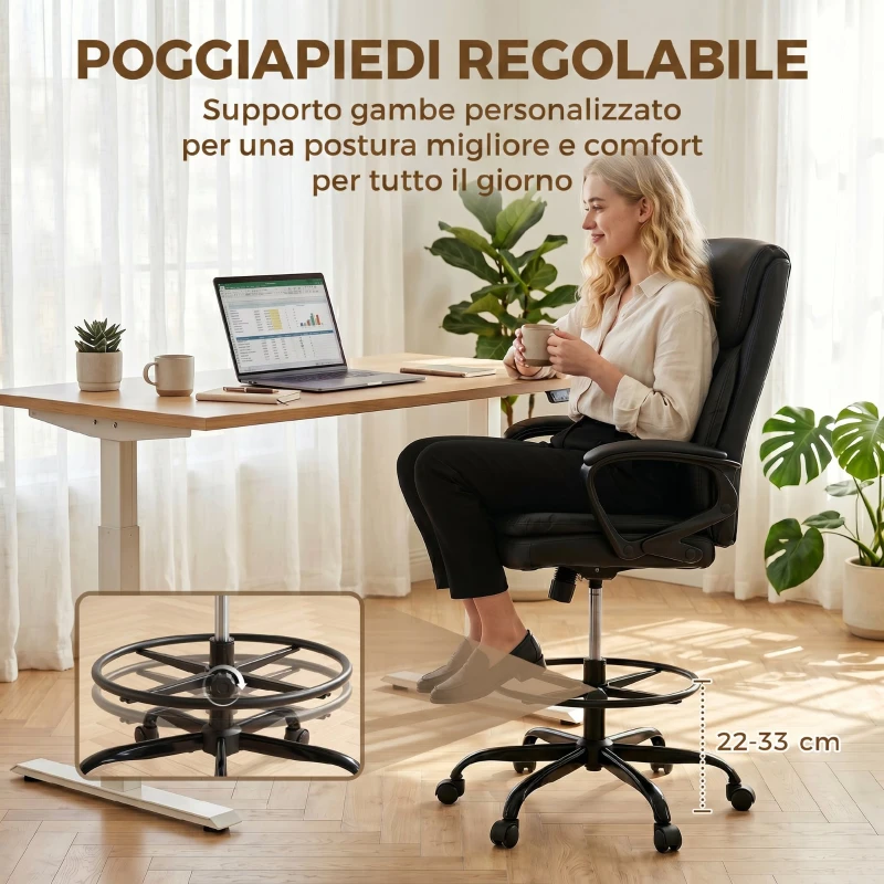 HOMCOM Sedia Ufficio Girevole in Finta Pelle, Altezza Regolabile, Schienale Alto, Braccioli, per Studio, Nero