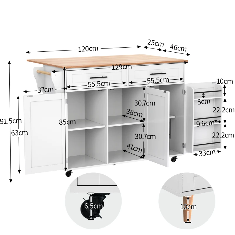 Grande ilha de cozinha com tampo extensível dobrável, 5 rodízios (2 com travão) , 129x46/71x91,5 cm, Branco+Cor natural