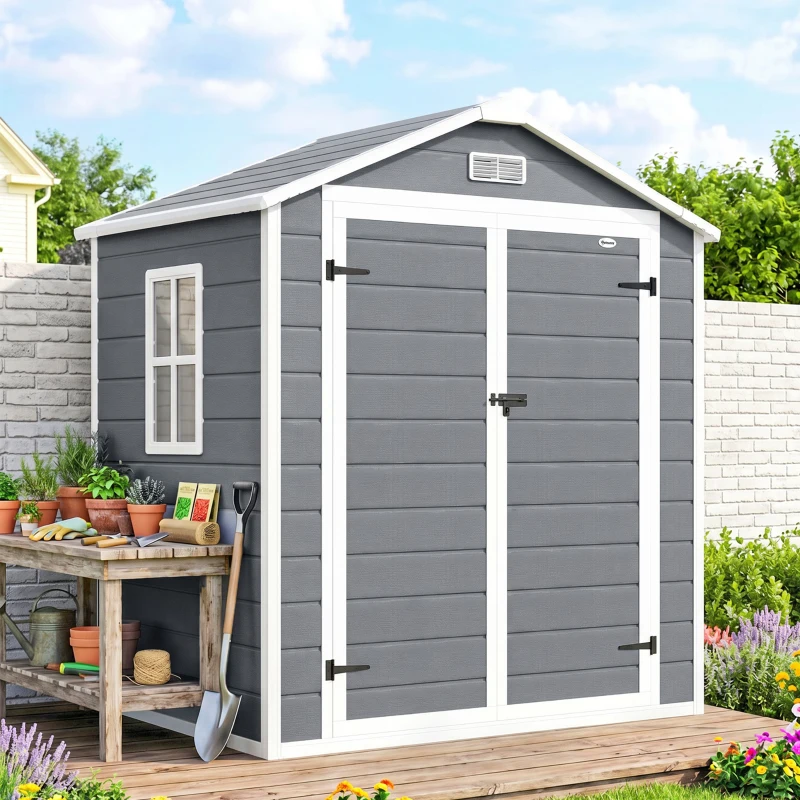 Outsunny Abri de jardin cabanon en résine polypropylène 2,12 m² - 2 portes 1 fenêtre et 1 grille d'aération, toit à pignon, gris(m-2)