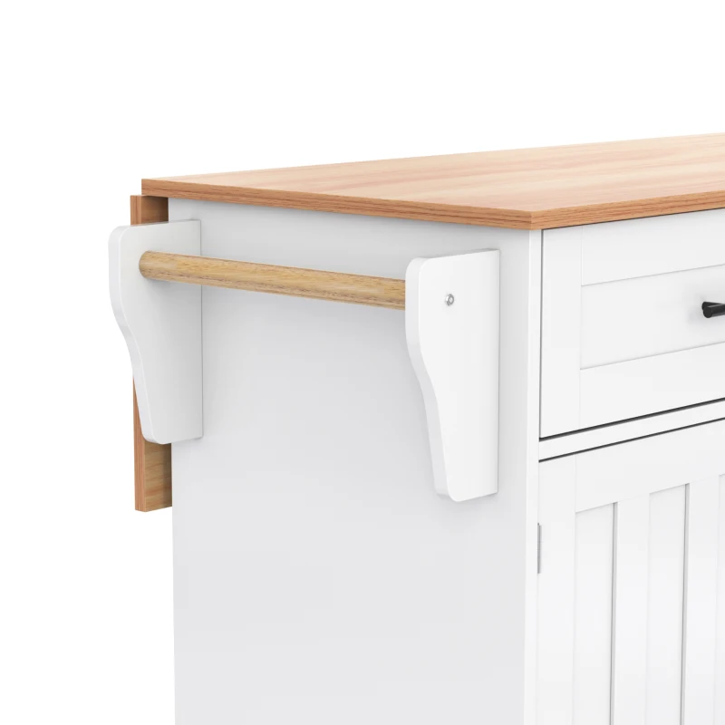 Grande ilha de cozinha com tampo extensível dobrável, 5 rodízios (2 com travão) , 129x46/71x91,5 cm, Branco+Cor natural