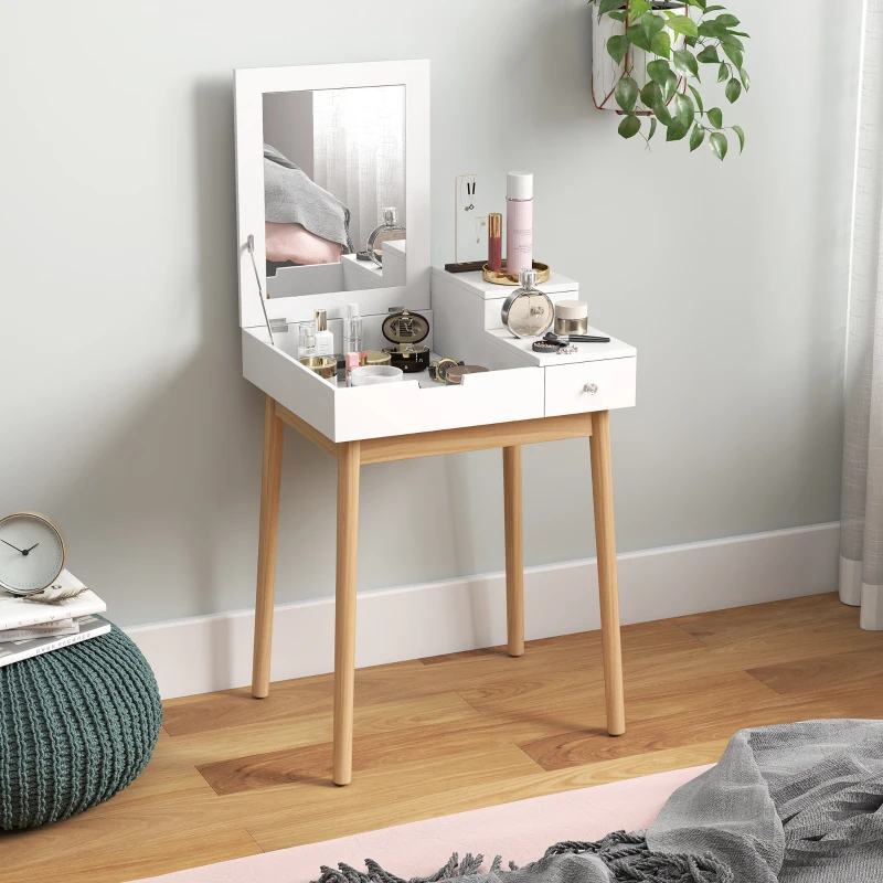 HOMCOM Schminktisch Frisiertisch Kosmetiktisch mit aufklappbarem Spiegel Holzfüße Weiß+Natur 60 x 50 x 85,5cm