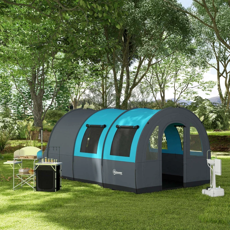 Outsunny Campingtent voor maximaal 6 Pers., Familiecampingtent, Aparte Ruimtes, Waterdicht, Grijs/Blauw
