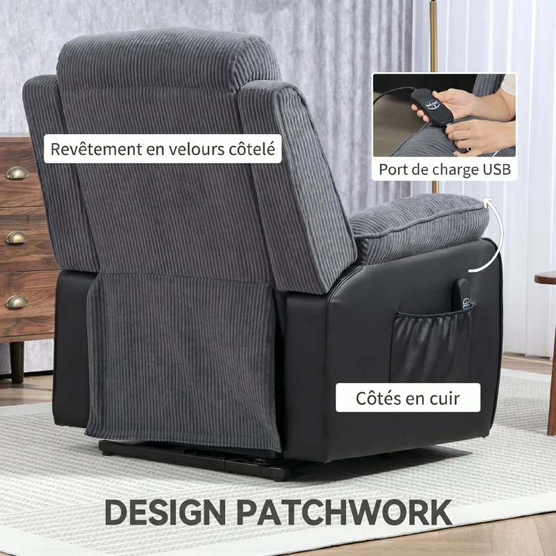 HOMCOM Fauteuil releveur électrique, fauteuil relax électrique velours côtelé, dossier inclinable, ports USB, 96x96x108cm, gris