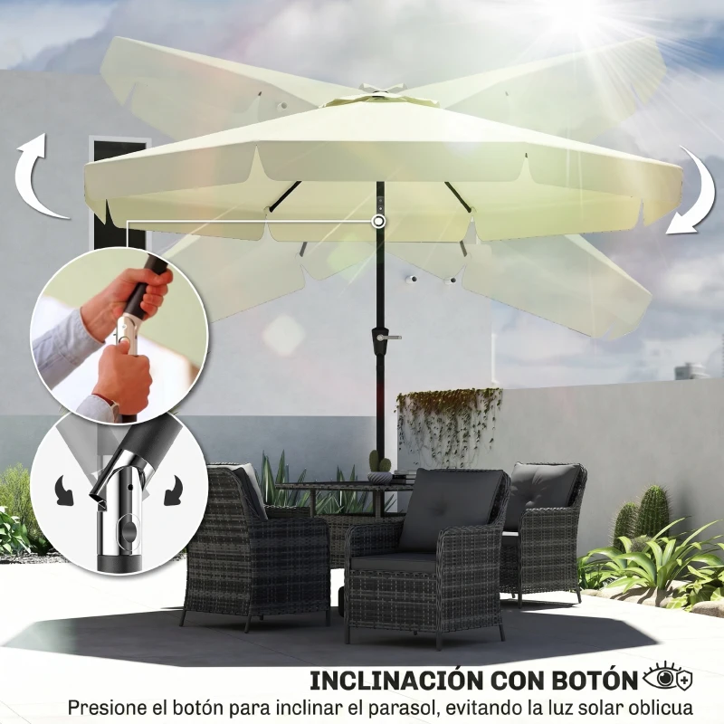 Outsunny Parasol de Jardín de Aluminio Ø266x248,5 cm con Ángulo Ajustable Protección UV50+ Techo de Ventilación y Manivela Beige