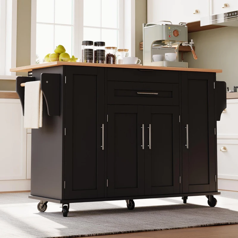 Ilha de cozinha móvel com gaveta oculta para talheres, prateleiras reguláveis, prateleira para especiarias e suporte para toalhas, 136x45/70x92 cm, Preto+Cor natural