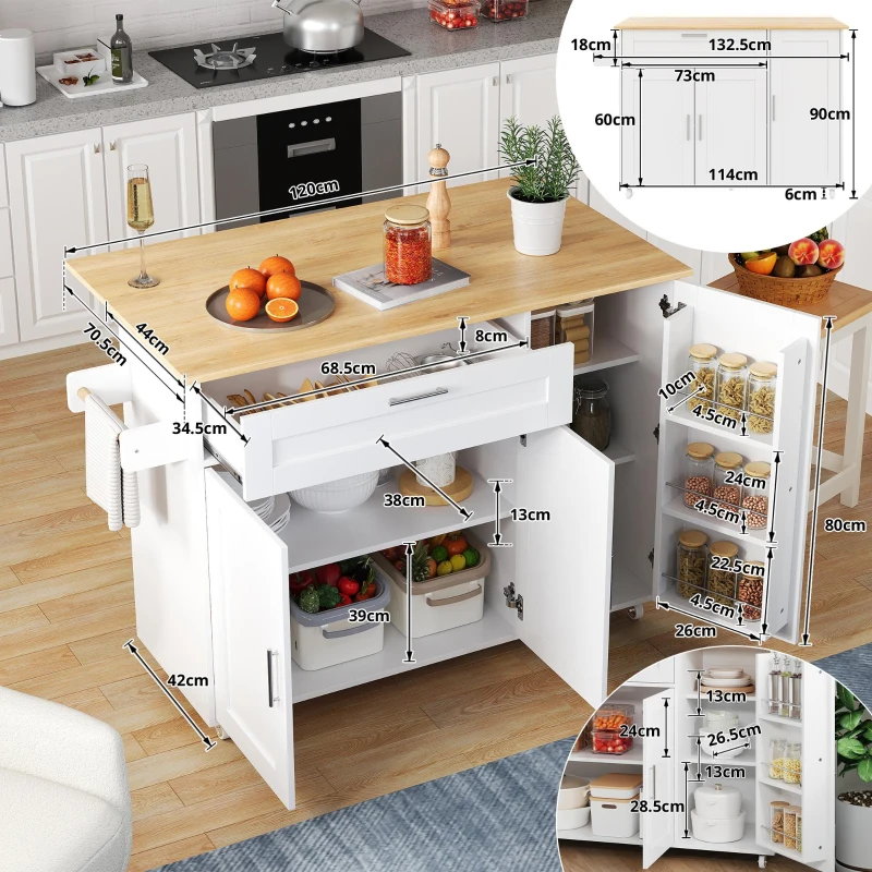 Mesa de cozinha móvel com tampo de trabalho dobrável, gaveta, prateleira para especiarias, suporte para toalhas, 132,5x44/70x90 cm, Branco+Cor natural